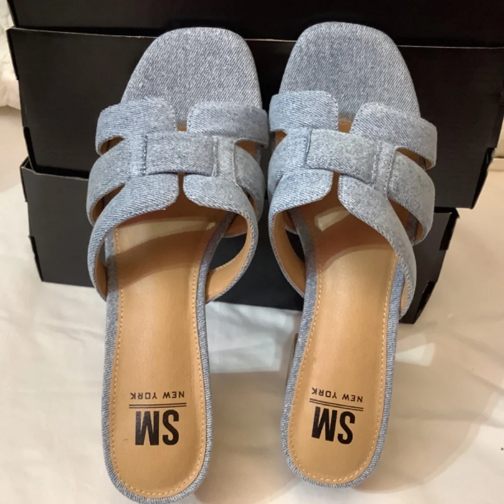 NWOT SM New York Denim blue slip ons‎ chunky heel open toe